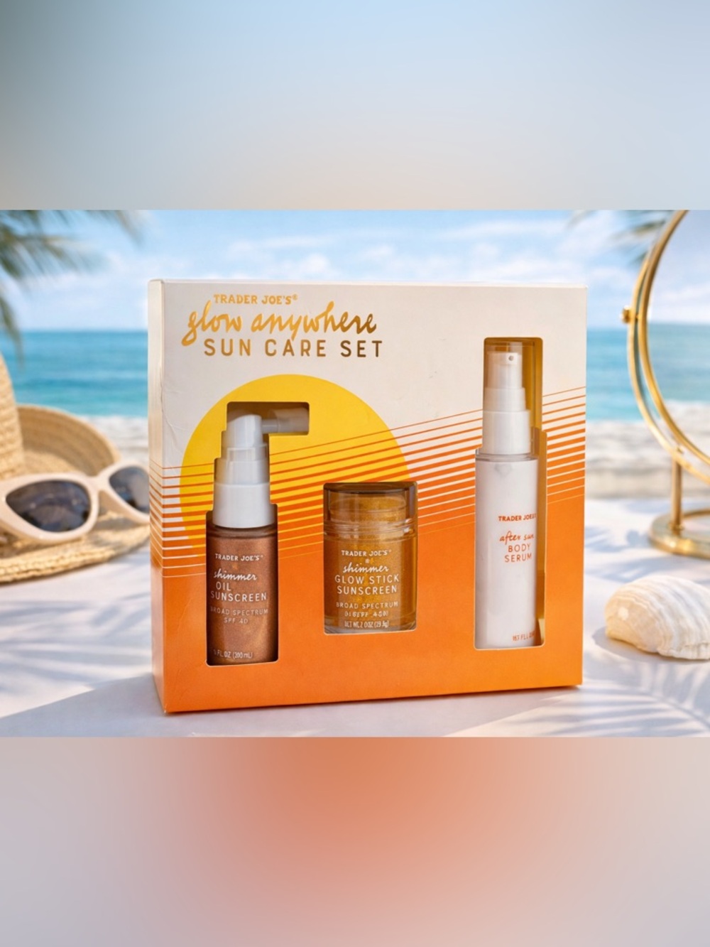 Trader Joe’s Glow Anywhere Sun Care Set SPF 30 Oil SPF 40 Stick After Sun Serum